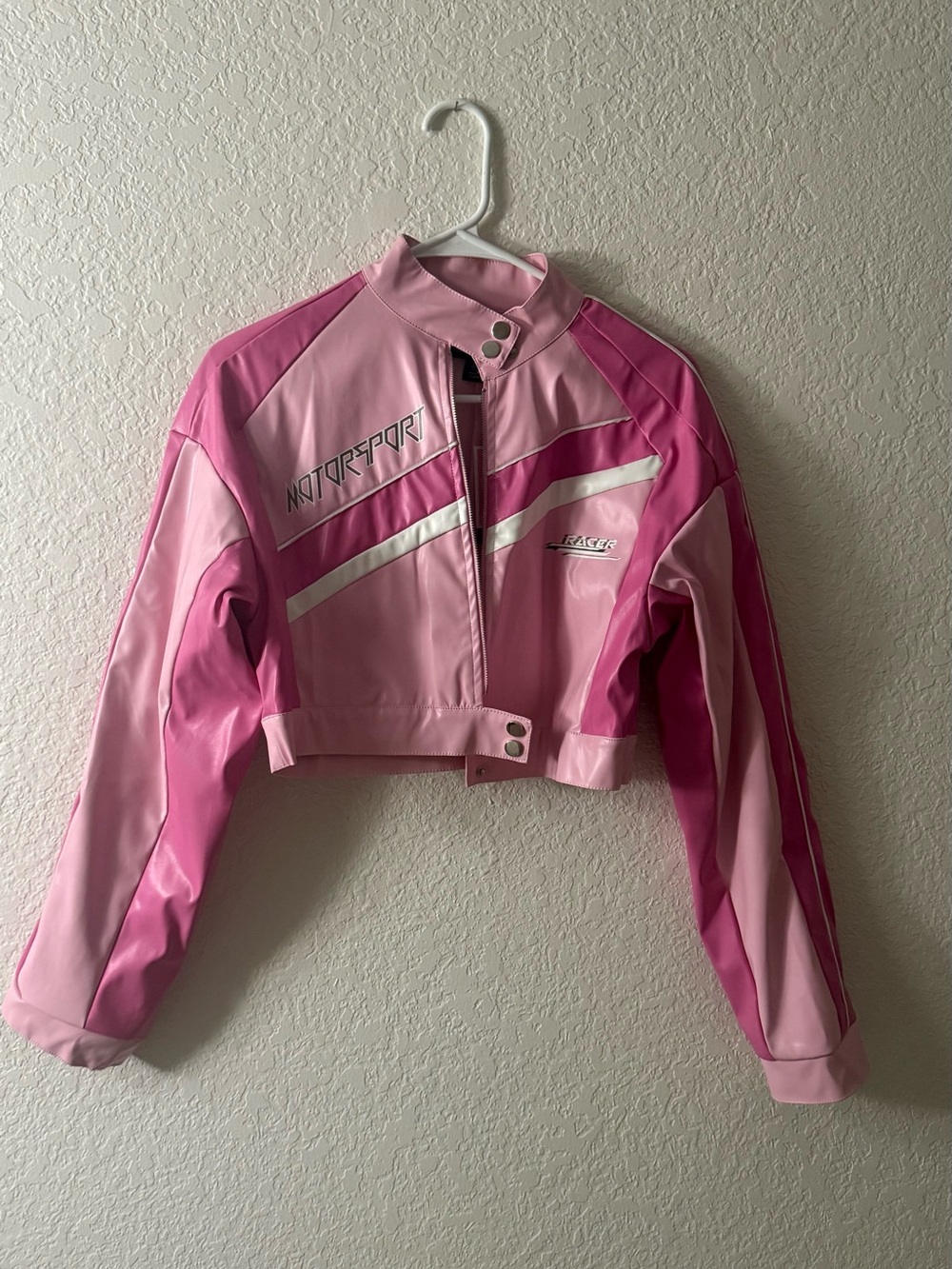 PrettyLittleThing Pink Cropped Moto Jacket with White Accents